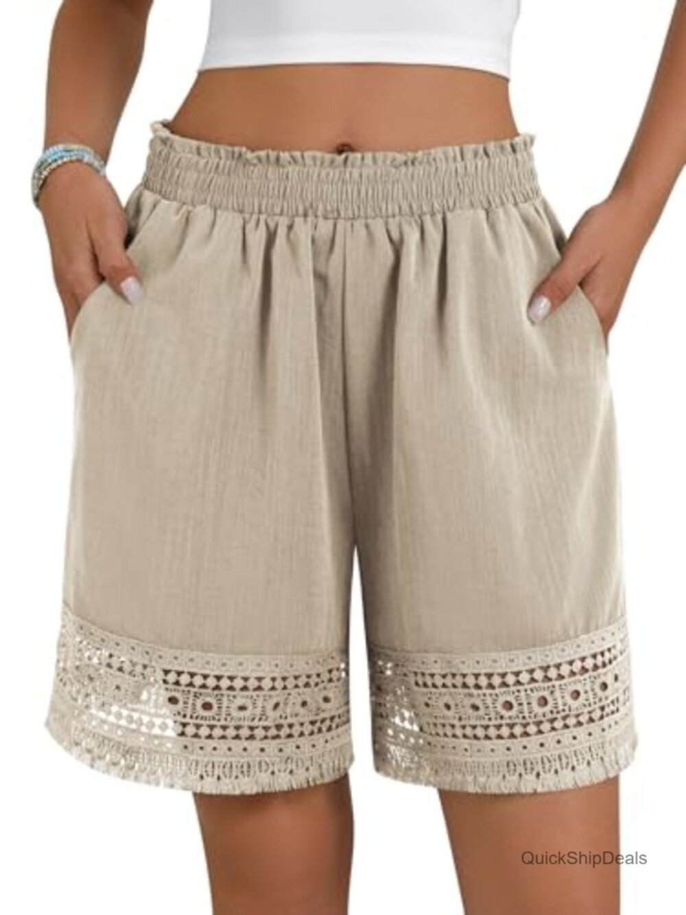 Casual Elastic Waist Lace Trim Linen Ruffle Shorts - Picture 3 of 7